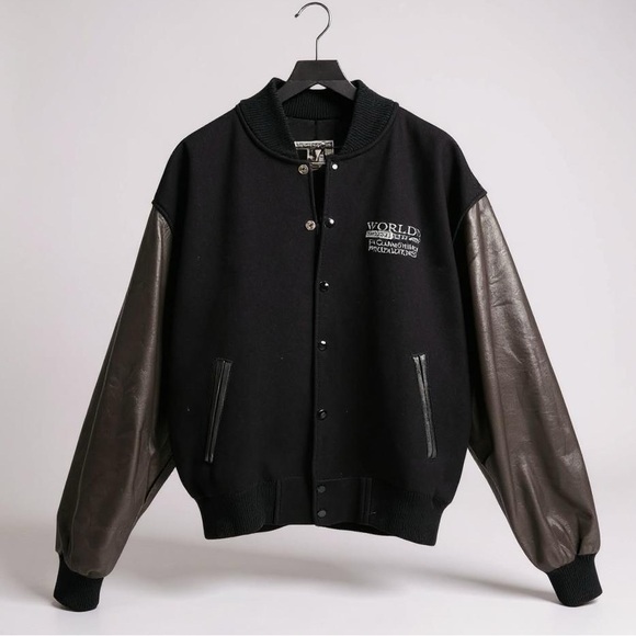 Vintage World’s Wildest Police Videos Varsity Jacket Sz L Black Wool Leather USA - Picture 1 of 12